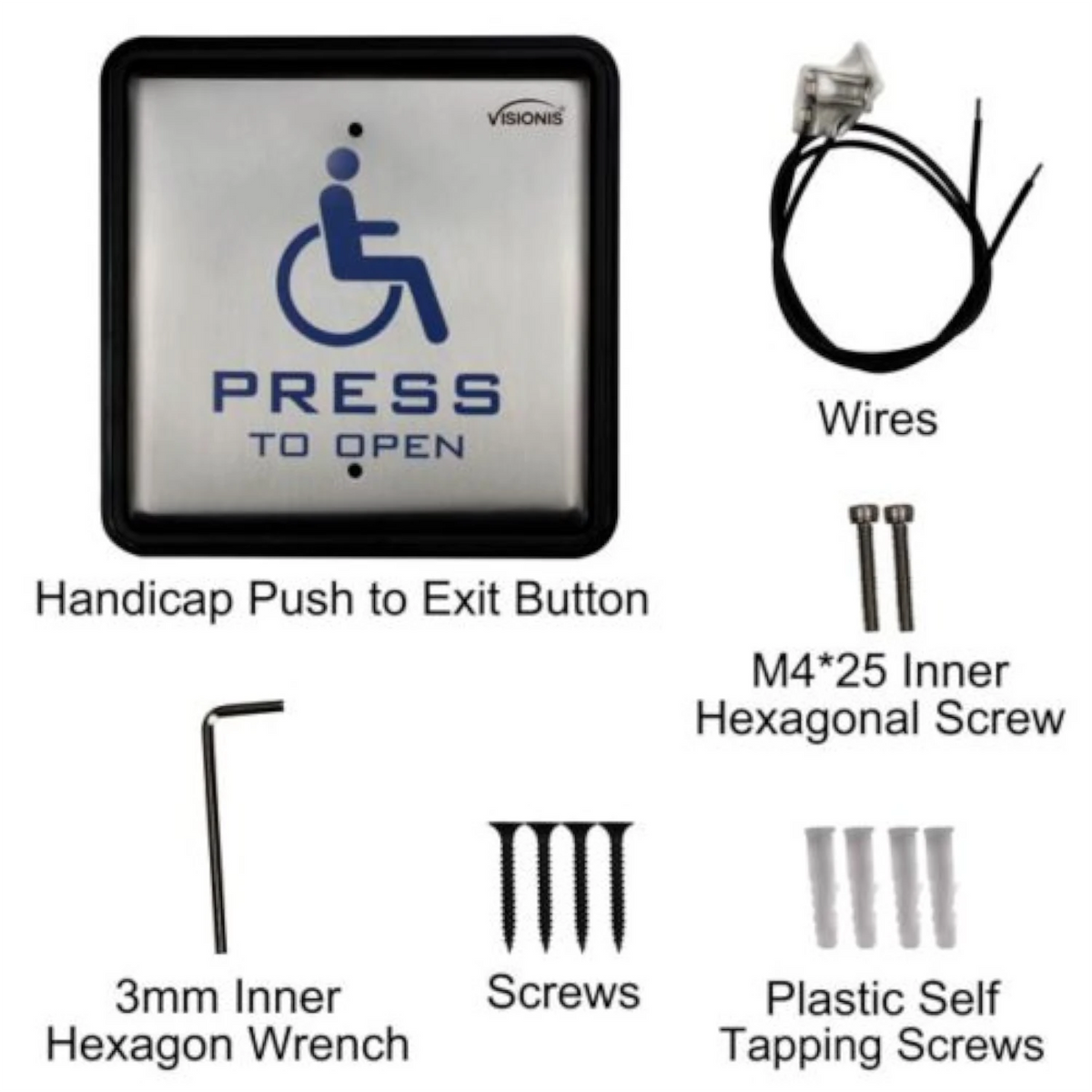 VIS-7039 – Wired Handicap Stainless Steel Square Push To Exit Button/Switch For Access Control With NC, COM And NO Outputs, Back Box Included – Visionis