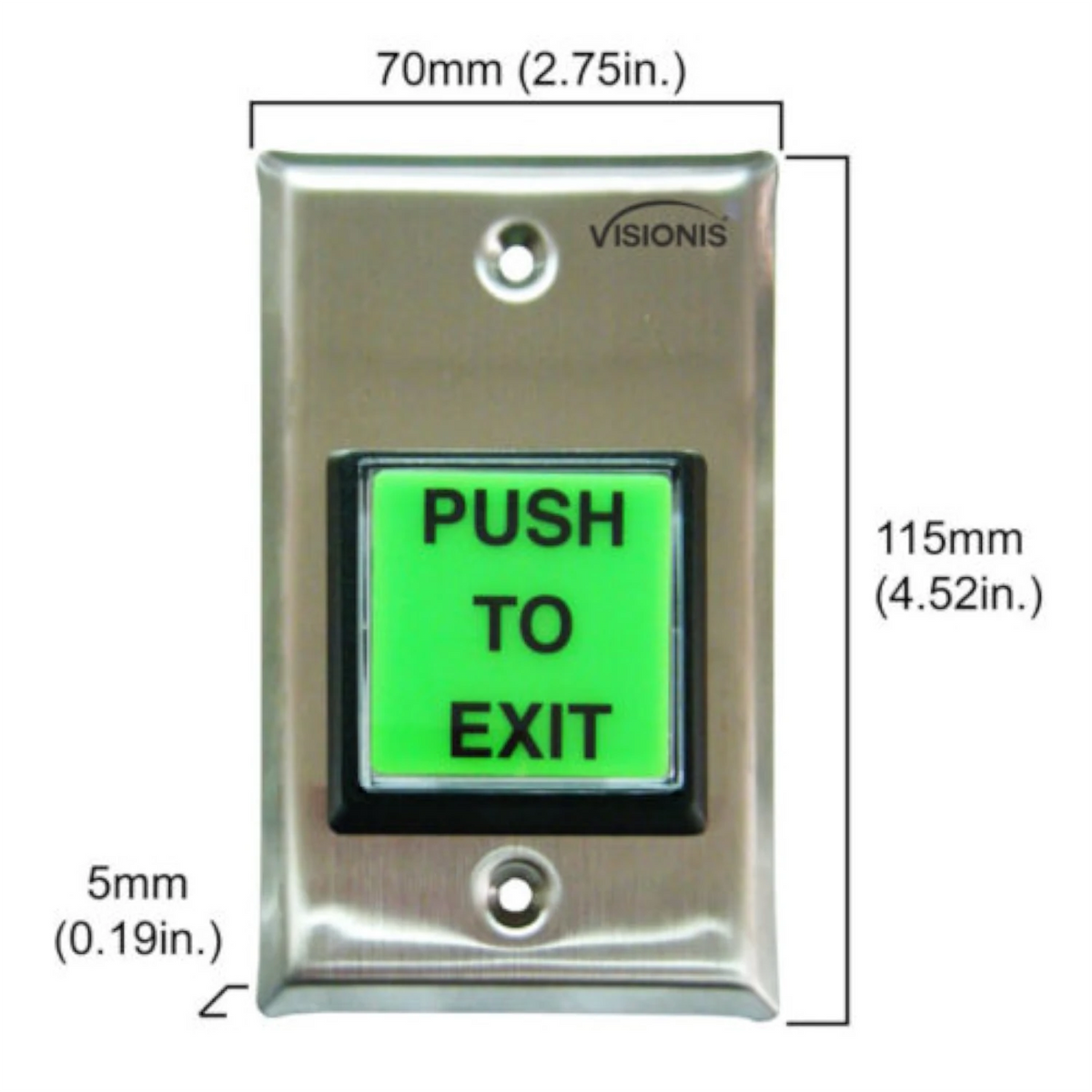 Visionis VIS-7040 Square Push To Exit Button For Door Access Control With LED Light, NC, COM, NO Outputs + Green And Red Color “PUSH TO EXIT” And “PRESIONE PARA SALIR” Plates + Blue Handicap Plate