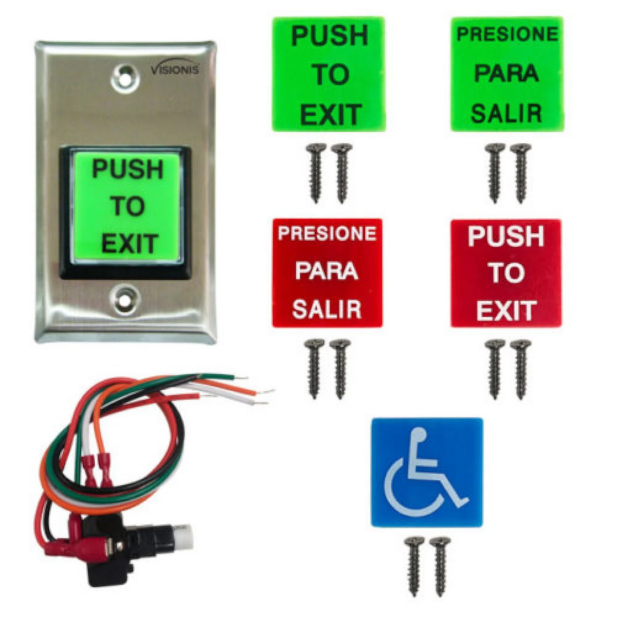 Visionis VIS-7040 Square Push To Exit Button For Door Access Control With LED Light, NC, COM, NO Outputs + Green And Red Color “PUSH TO EXIT” And “PRESIONE PARA SALIR” Plates + Blue Handicap Plate