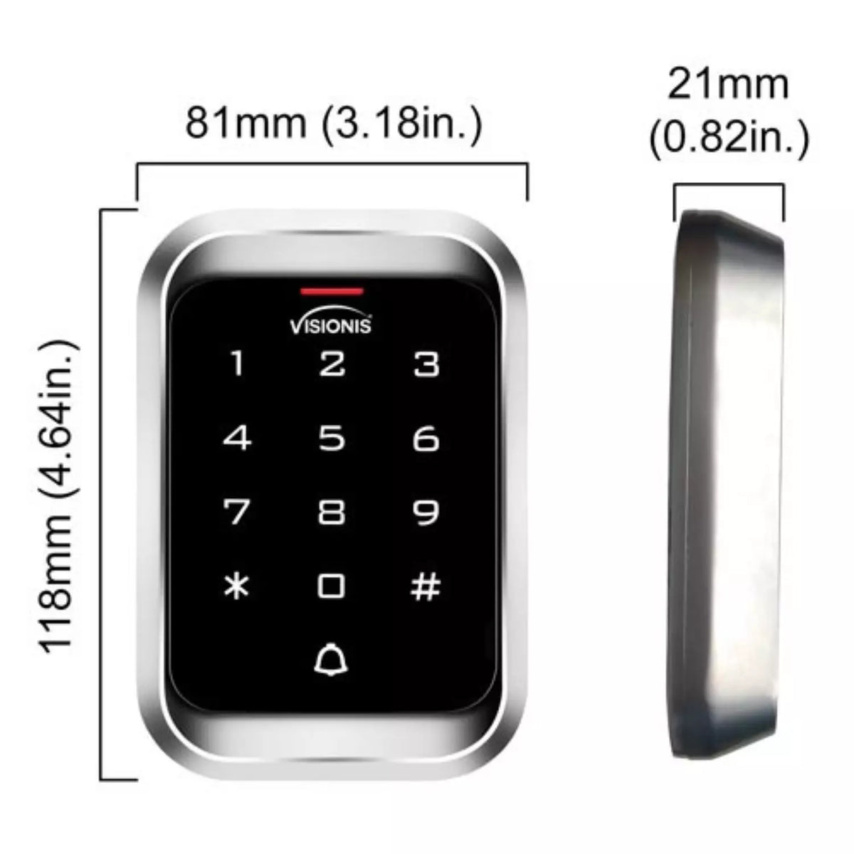 Visionis VIS-3000 – Access Control Indoor + Outdoor Rated IP68 Metal Anti Vandal Digital Touch Keypad + Reader Standalone + Wiegand 26 Wide Design No Software EM