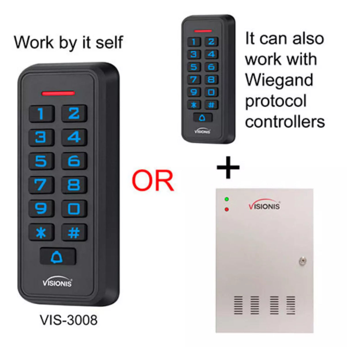 Visionis VIS-3008 – Access Control Black Outdoor IP68 Weatherproof Keypad And Card Reader Standalone With Mini Controller + Wiegand 26, No Software, Delay And On/Off Toggle Mode, EM Cards, 1000 Users