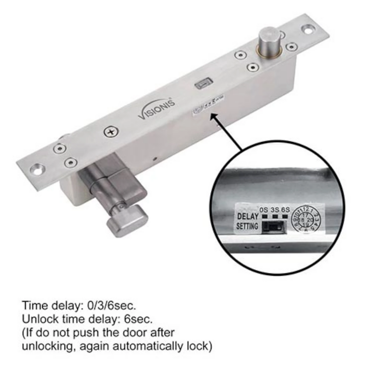 Visionis VIS-DP103WCY-FSE-LED – Electric Drop Bolt Lock With Key Cylinder 2,600lbs With LED And Time Delay Fail Secure Normally Open Dead Bolt