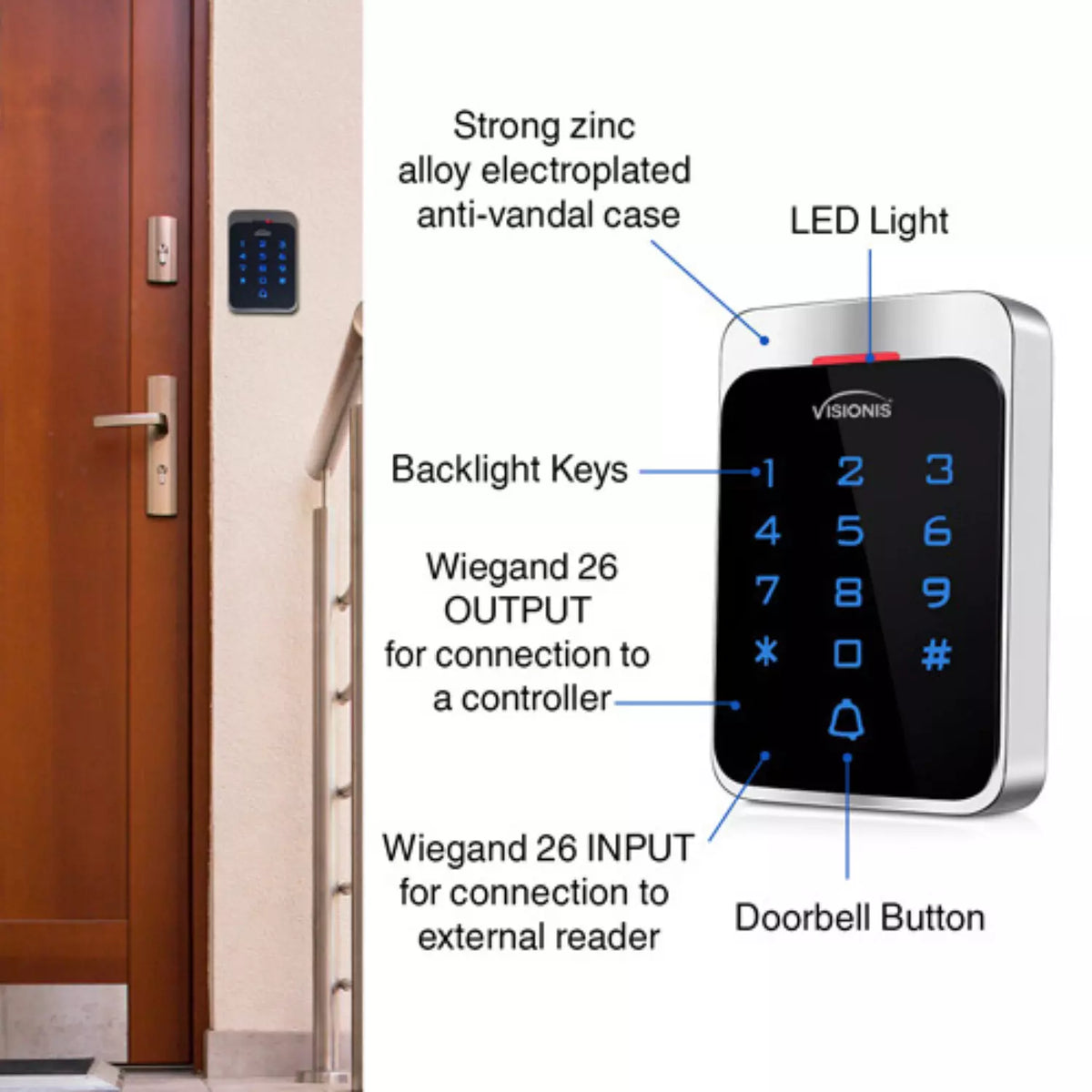 Visionis VIS-3022 – Access Control Outdoor Weatherproof Metal Housing Anti Vandal Digital Touch Keypad + Reader Standalone With Mini Controller + Wiegand 26, 125khz EM Cards With Doorbell, 1000 Users