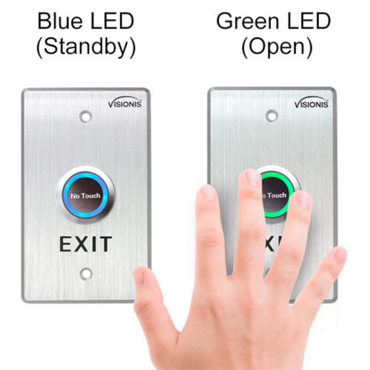 Visionis VIS-7013 – Indoor Stainless Steel No Touch Request To Exit Button With Time Delay Standard Size With LED Light NC COM And NO Outputs