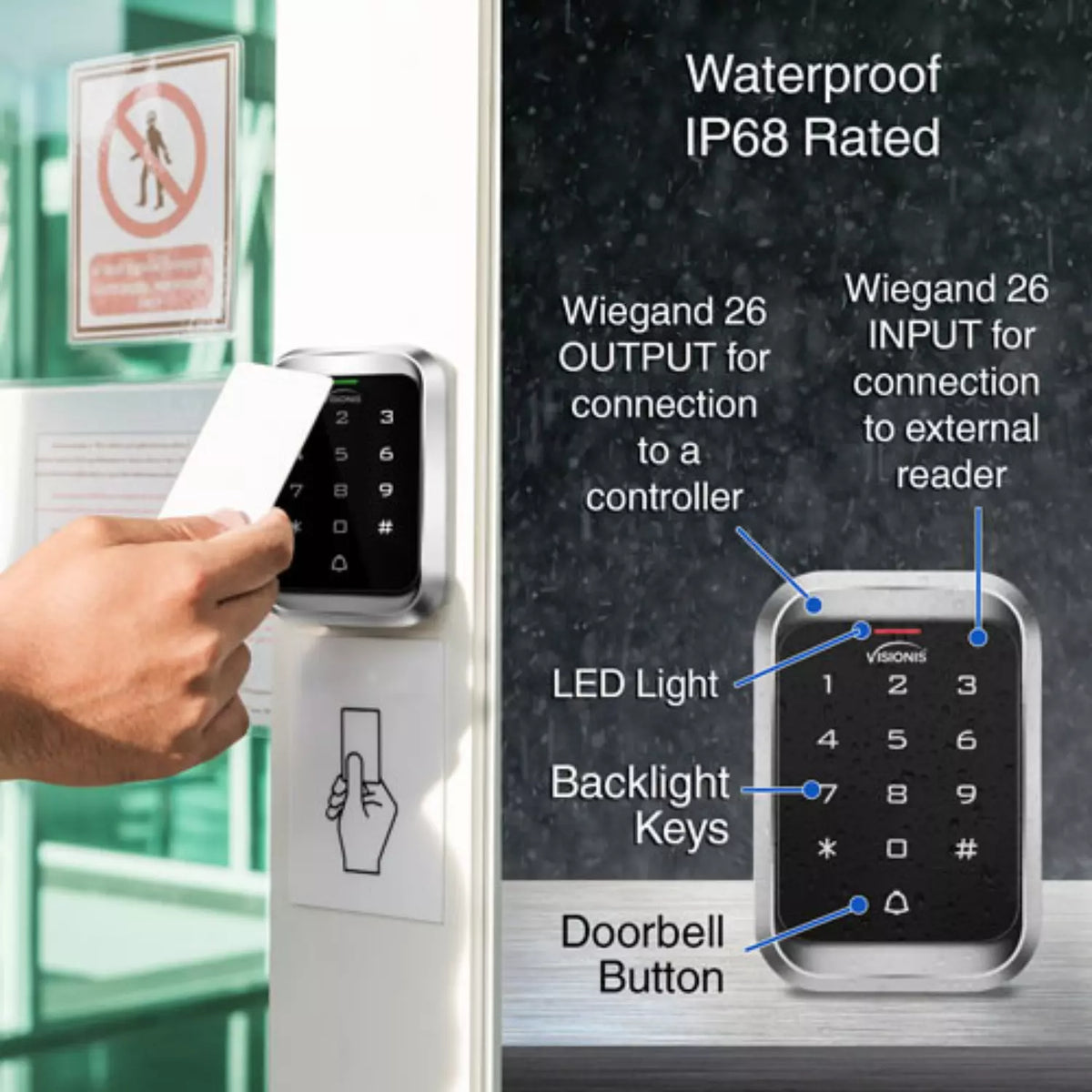 Visionis VIS-3000 – Access Control Indoor + Outdoor Rated IP68 Metal Anti Vandal Digital Touch Keypad + Reader Standalone + Wiegand 26 Wide Design No Software EM