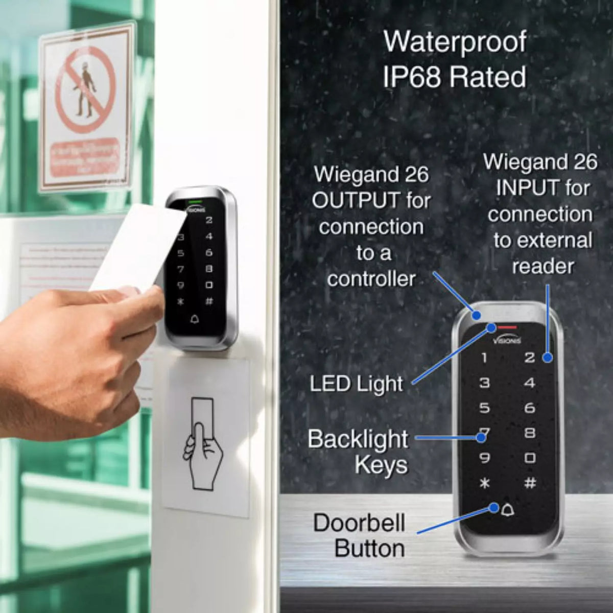 Visionis VIS-3003 – Access Control Indoor + Outdoor Rated IP68 Metal Anti Vandal Digital Touch Keypad + Reader Standalone + Wiegand 26 Slim Design No Software EM